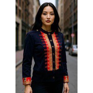 Anthony Sicari Vintage Womens Navy Blue & Red Military Style Cardigan Sweater